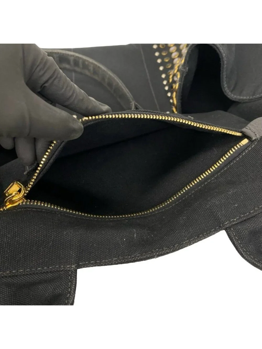 Prada Canapa Triangle Logo Canvas Saffiano Leather Studs Tote Handbag Black